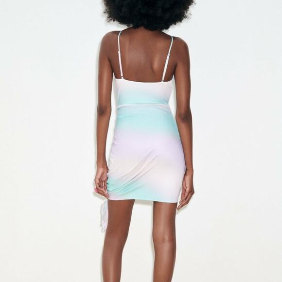 ZARA Tie Dye Satin Effect Mini Dress Drawstring & Cutouts Large - Picture 2 of 10